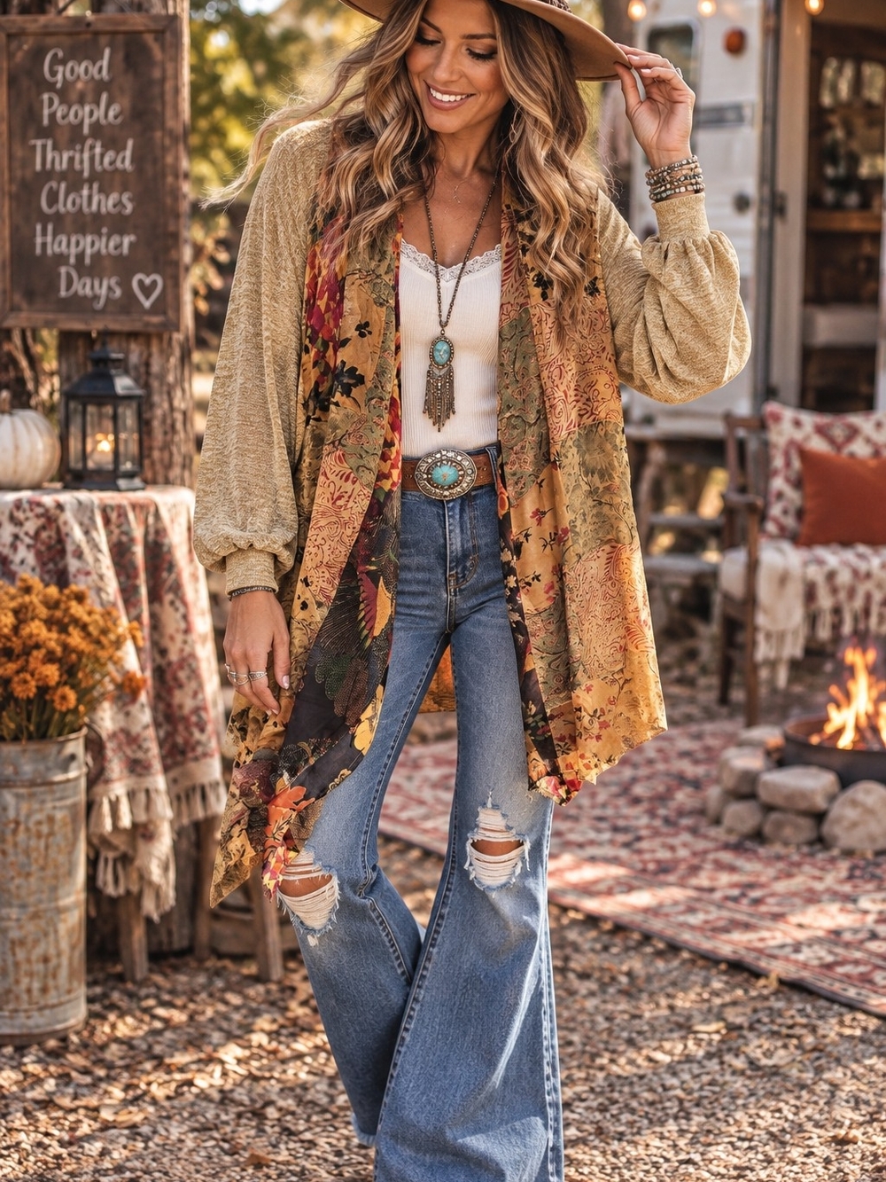 Young Threads Floral Open Front Cardigan Brown & Multicolor Large NWT